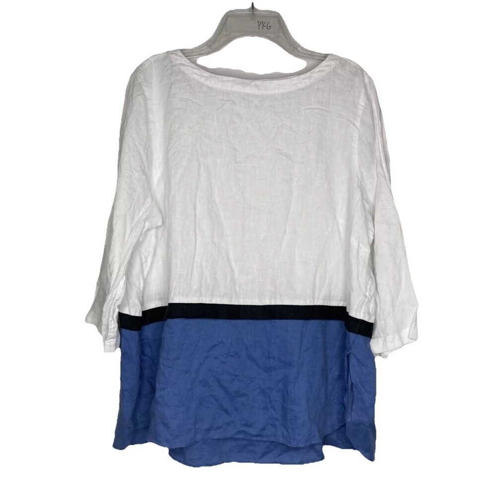 J Jill Linen Blend Color Block Boat Neck 3/4 Sleeve Top Women‎ XL White Blue